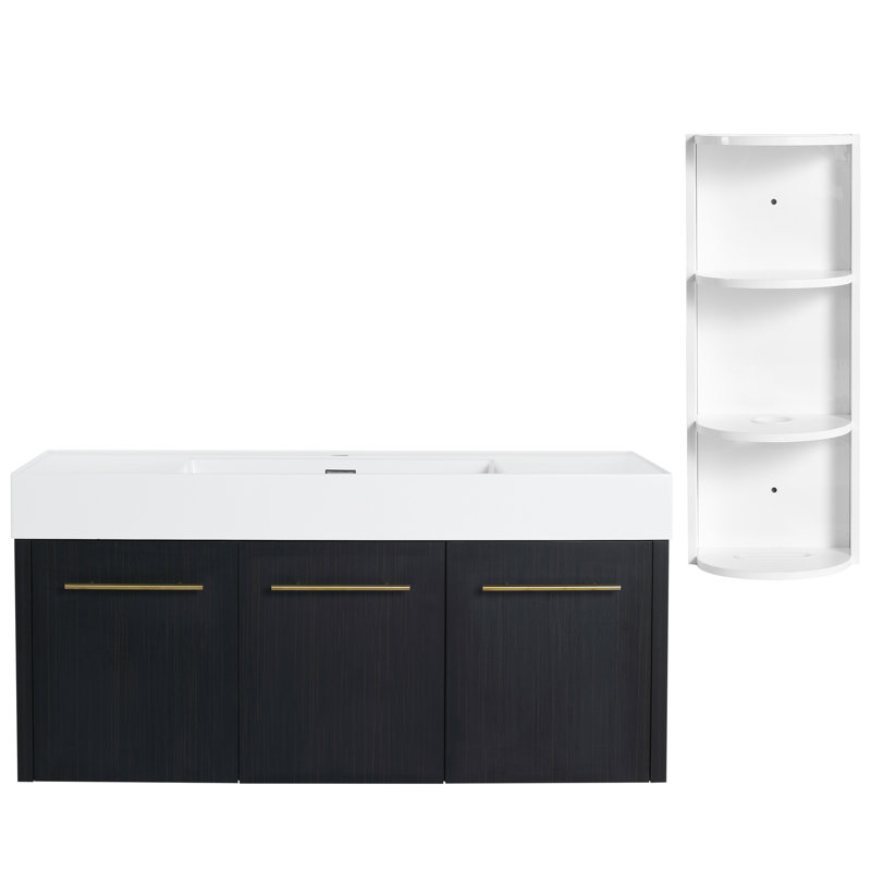 Meuble-lavabo mural de 122 cm (48 po) en châtaignier noir avec lavabo et tablette de rangement, charnières à fermeture douce, tablette de rangement, lavabo en résine épaisse, style moderne.