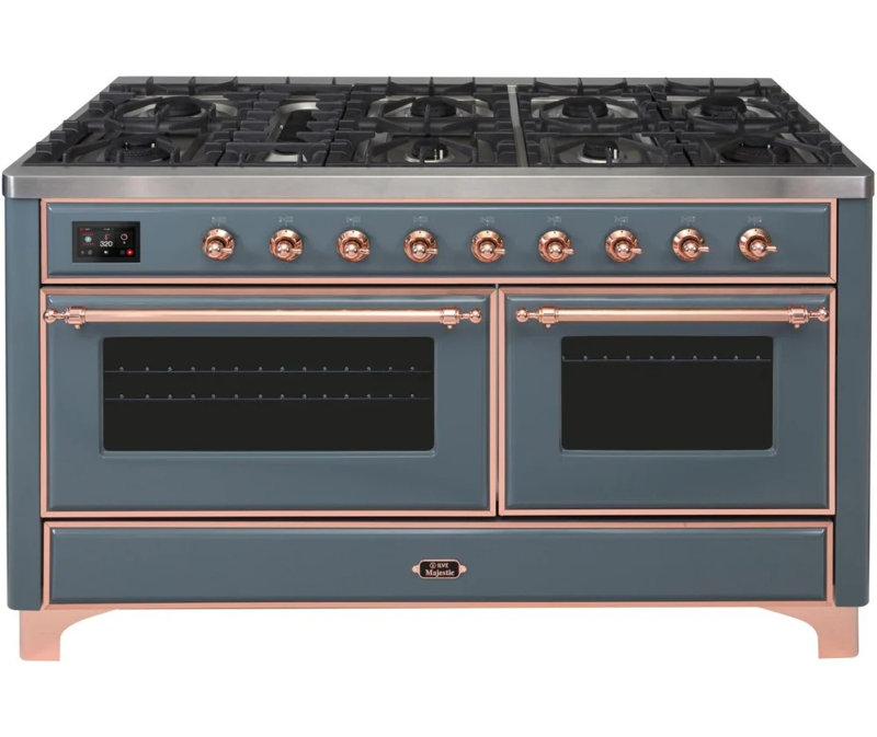 ILVE Majestic II Series 60 inch Dual Fuel Range with 9 Burners, Griddle (Glass Door), Blue Gray/Copper, Natural Gas