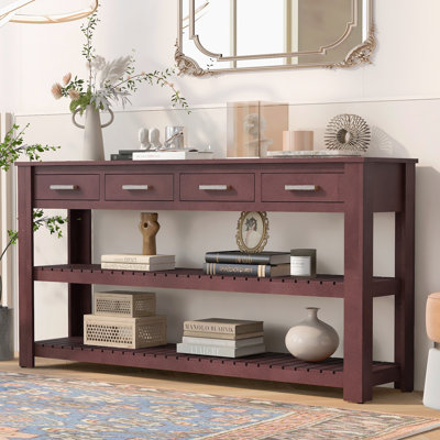 Console de 62,2 po de style rustique, table basse avec 4 tiroirs et 2 tablettes, table d'entrée étroite pour le vestibule, le salon, le couloir