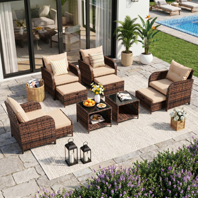 4-person Outdoor Wicker Patio Conversation Set, Modular Sectional Seating Group With Ottomans And Tempered Glass Coffee Table, Weather-resistant All-weather Furniture Set For Backyard Deck Poolside