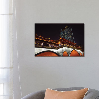 Night view of Anshun Bridge with modern high-rise, Chengdu, Sichuan Province, China 1 Piece Wrapped Canvas Wall Art