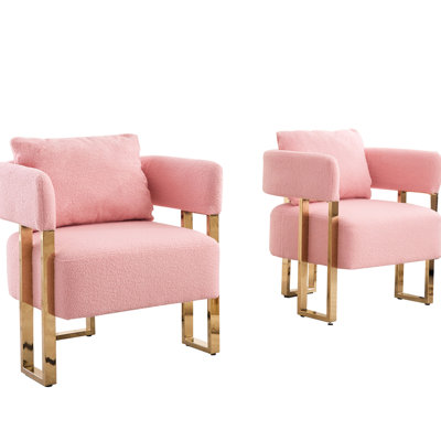 Modern Decorative Pink Chair With Gold Legs - 2Pcs For Office, Reception Room Fleece, No Wheels, Structure Living Leg Frame, Fleece Padding, Dressing Area, Room, 1 Seat Relaxing