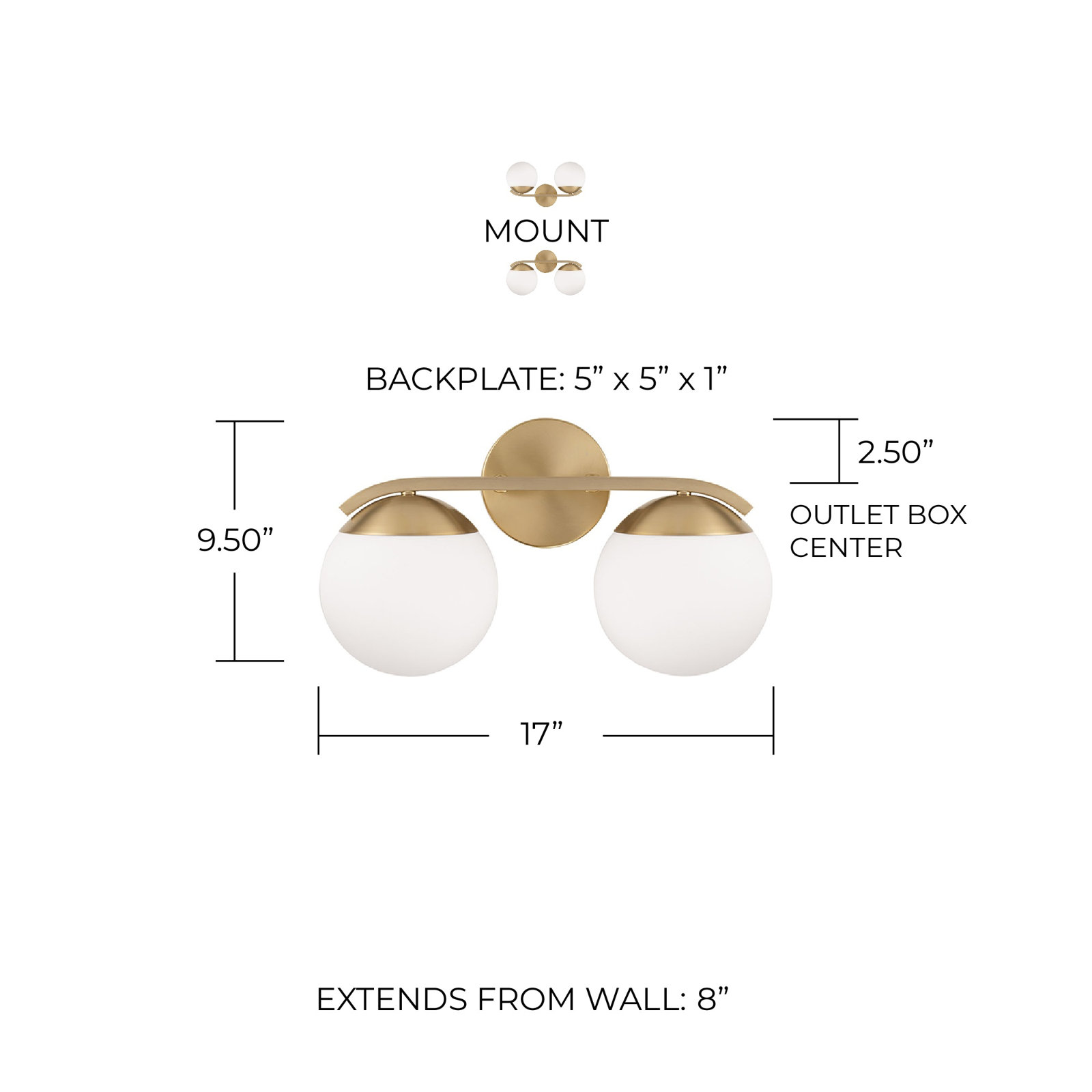 2 Light Frosted Dimmable Vanity Light, Matte Brass