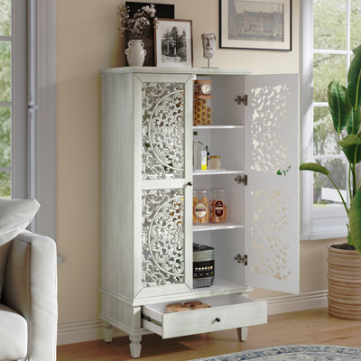 Rustic Tall Storage Cabinet with Drawer, Decorative 2-Door Carved Wood Accent Cabinet with Solid Wood Legs for Living Room, Hallway, Dining Room