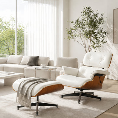 Modern Lounge Chair with Ottoman, Genuine Leather Accent Chair, Ergonomic Recliner for Living Room Bedroom