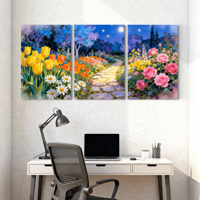 Abstrait coloré fleurs chemin nuit ciel jardin ensemble de 3 impressions d'art sur toile