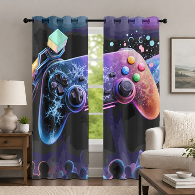 2Pcs Colorful Game Controller Print Curtains, Creative Joystick Pattern Curtain, Modern Gaming Theme Graphic Grommet Drapes, Window Treatment for Bedroom Living Room Decor