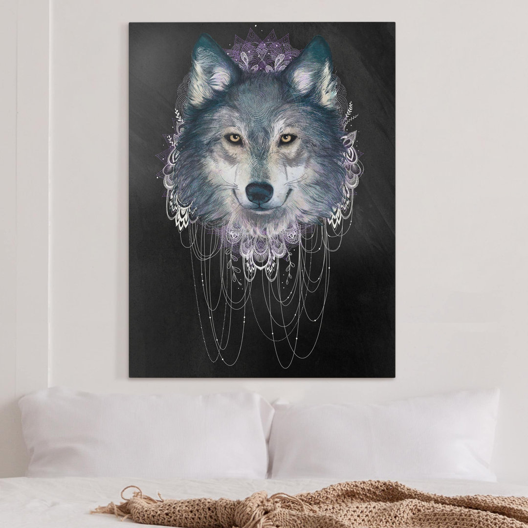 Leinwandbild Illustration Wolf mit Boho Traumfänger Schwarz