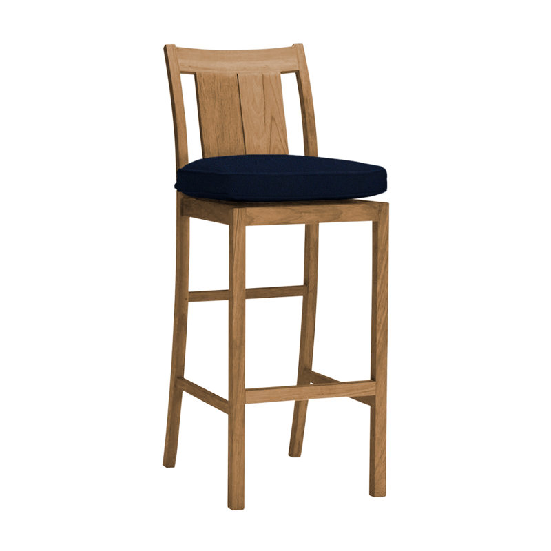 Croquet 30" Patio Bar Stool with Cushion, Natural Teak, Welt, Indigo Velvet