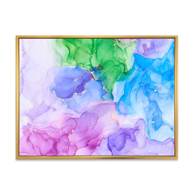 Multicolore luxueux, art fluide abstrait, reproduction sur toile, H 16 po x l 32 po, Cadre flottant doré
