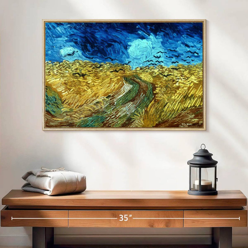 Champ de blé avec corbeaux 1890, 25 po x 17 po, Cadre flottant en bois naturel