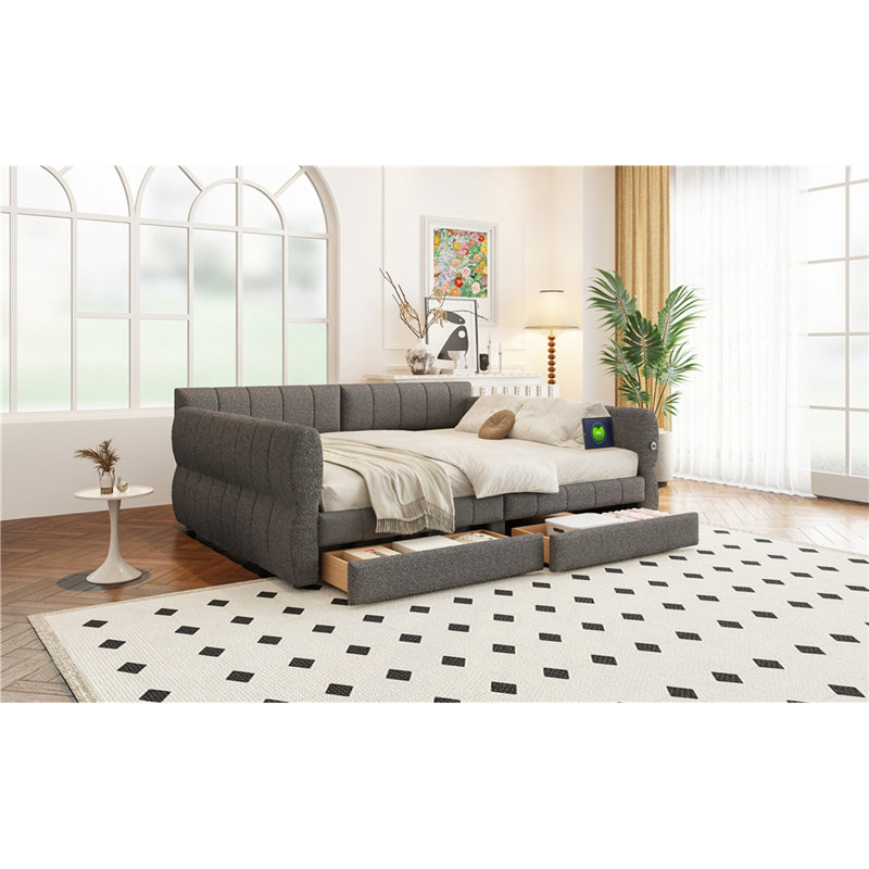 Grand lit plateforme tapissier avec port USB et 2 tiroirs, Gris