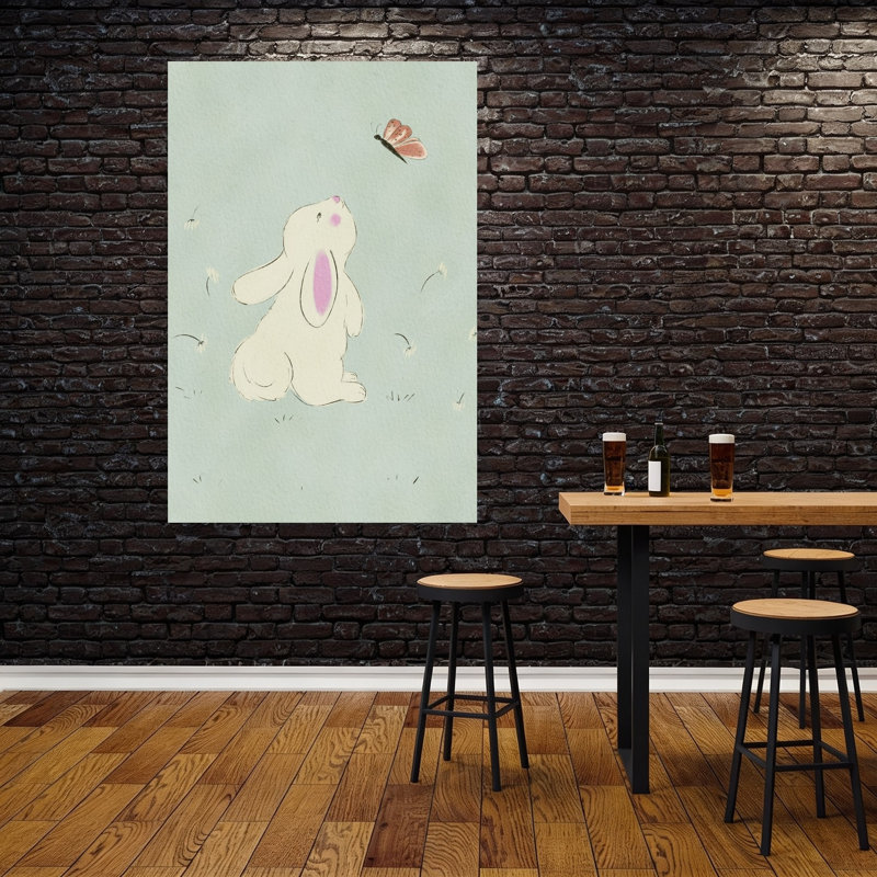 «Curious Bunny and Butterfly Delicate Peaceful Whimsical Butterfly Dandelion Rabbit Nature Spring», art mural