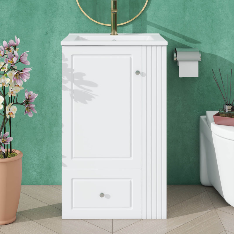 Meuble-lavabo autoportant de 20 pouces avec lavabo en céramique, conception à un trou de robinet, armoire avec tiroir à fermeture en douceur et tablettes latérales ouvertes avec barre à serviettes
