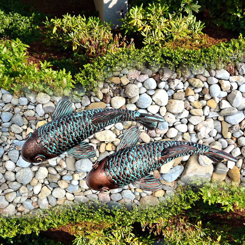Sculptures et statues de jardin, décor de poissons koi, art de poisson de jardin, ensemble de 2 décorations de jardin de poissons koi antique (bronze)