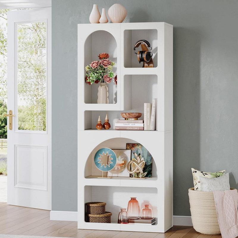 Bibliothèque géométrique arquée blanche à 5 tablettes de 70,87 po de hauteur pour le salon, le bureau et la chambre à coucher