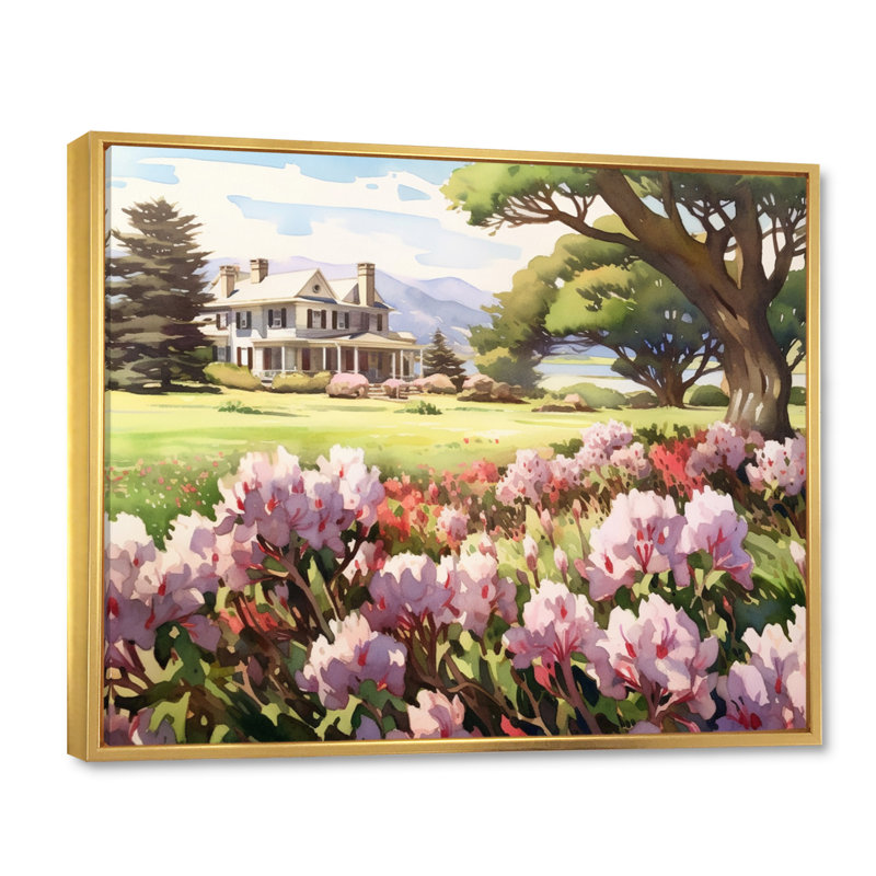 Rhododendron «Blooms at Farm IV» sur toile, Cadre flottant doré, H 30 po x l 40 po x P 1,5 po