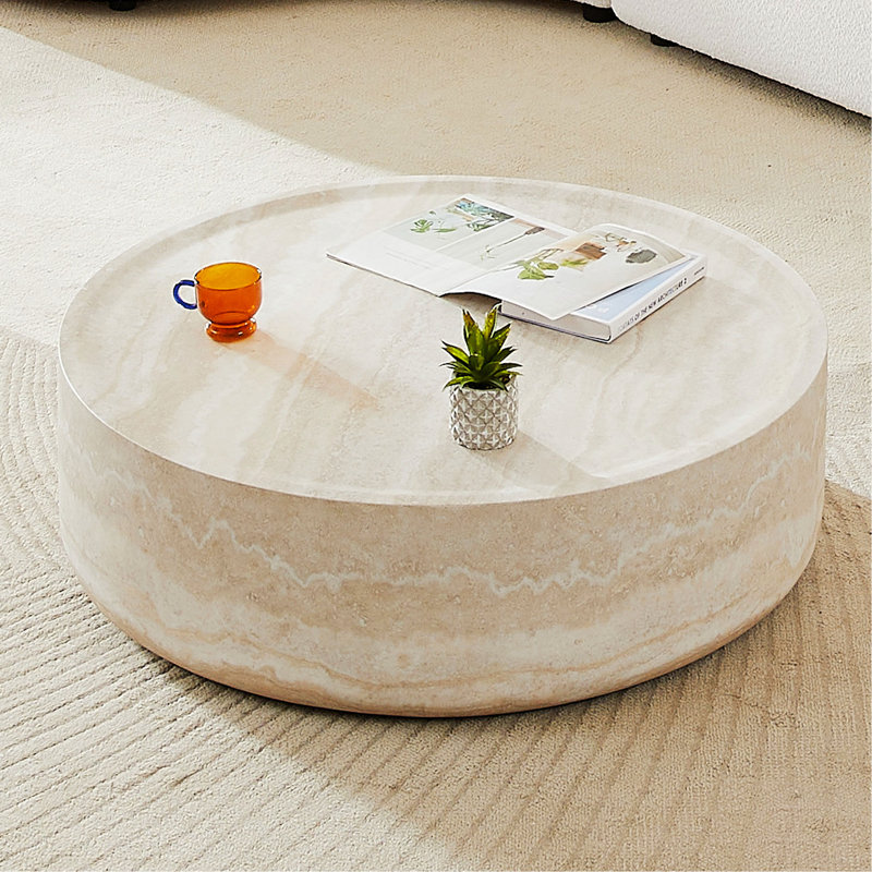 Round Modern Coffee Table, Cream, 12" H x 39.4" L x 39.4" W