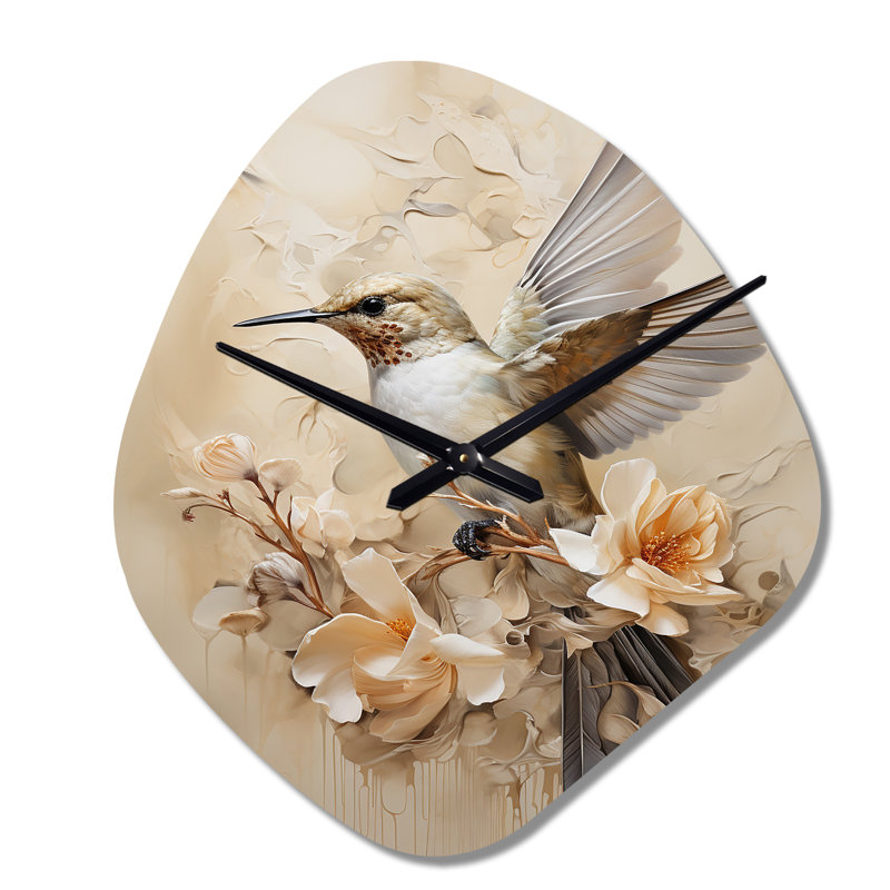 Horloge murale en forme de colibri floral flottant I - forme unique en métal, horloge murale beige, Grand