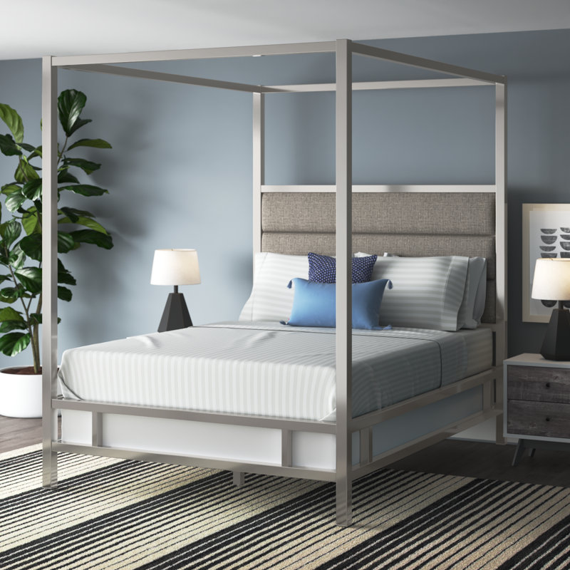 Pettaway Upholstered Metal Canopy Bed, Champagne Gold/Dark Gray, Queen