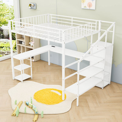 Metal Queen Loft Bed With Wardrobe, LED Light, Desk And USB
