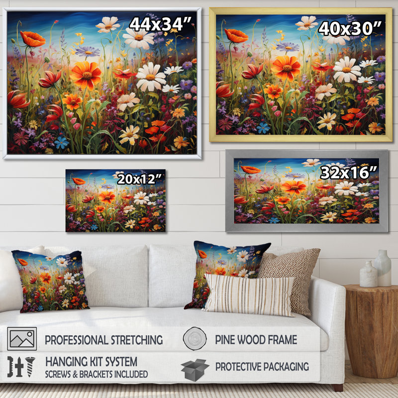 Fleurs colorées, symphonie III, art mural fleurs sauvages, Cadre flottant noir, H 16 po x l 32 po x P 1 po