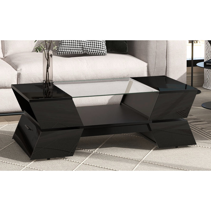 Table basse géométrique 2 avec verre noir de 6 mm et capacité de rangement