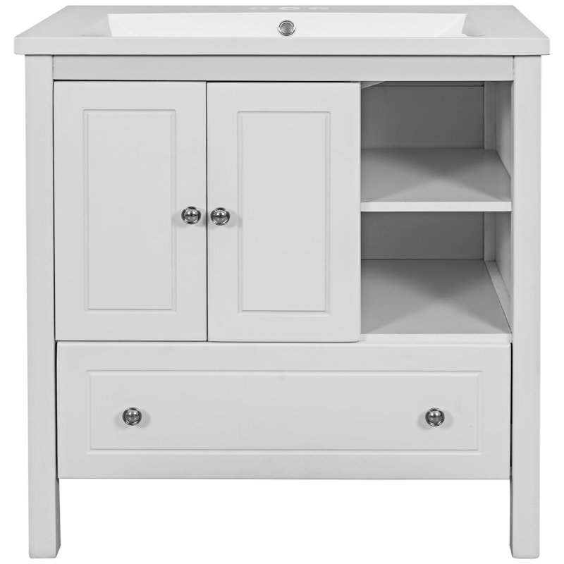 Meuble-lavabo simple autoportant avec plateau en céramique Mikiel, Blanc