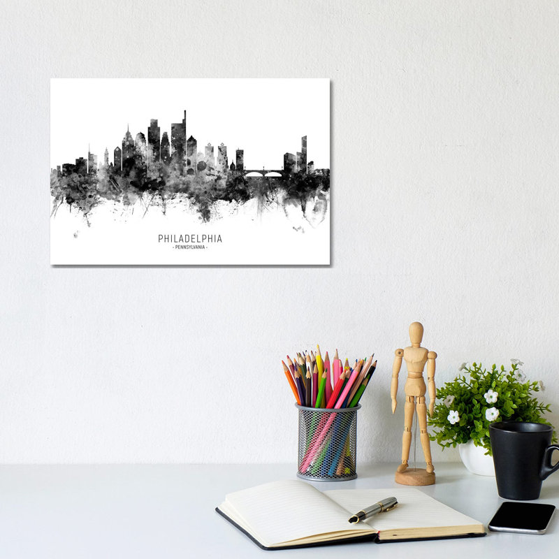 Philadelphia Skyline Name Black And White by Michael Tompsett - Print on Canvas, 20.32 cm H x 30.48 cm W, Wrapped Canvas