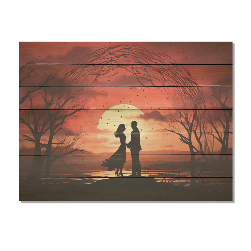 Couple romantique rouge amoureux au lever du soleil - Paysage romantique sur bois, H 34 po x l 44 po x P 0,78 po