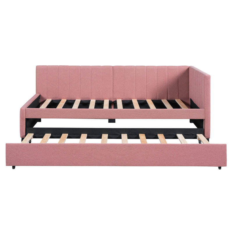 Lit de jour rembourré en tissu de lin avec lit gigogne simple, sans sommier, rose, lit à ressorts, Rose