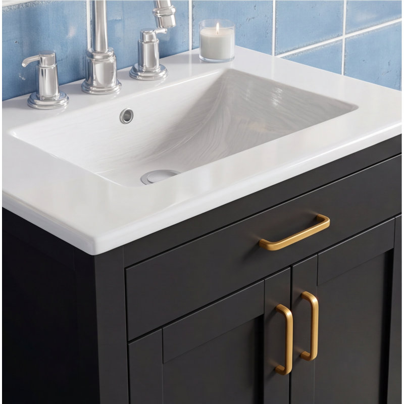 Ensemble de meuble-lavabo noir de 61 cm (24 po) avec lavabo en céramique, structure en bois massif, 2 portes à fermeture douce, gain de place