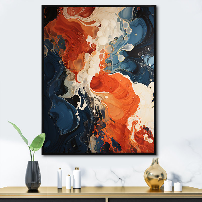 Encre liquide bleue et orange VI - Art mural abstrait, Cadre flottant noir, H 32 po x l 24 po x P 1 po
