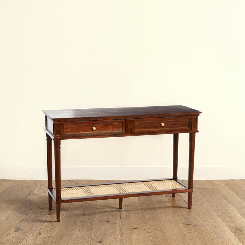 Console en bois massif Ayleena Maxwelton avec 2 tiroirs et tablette de rangement, Brun