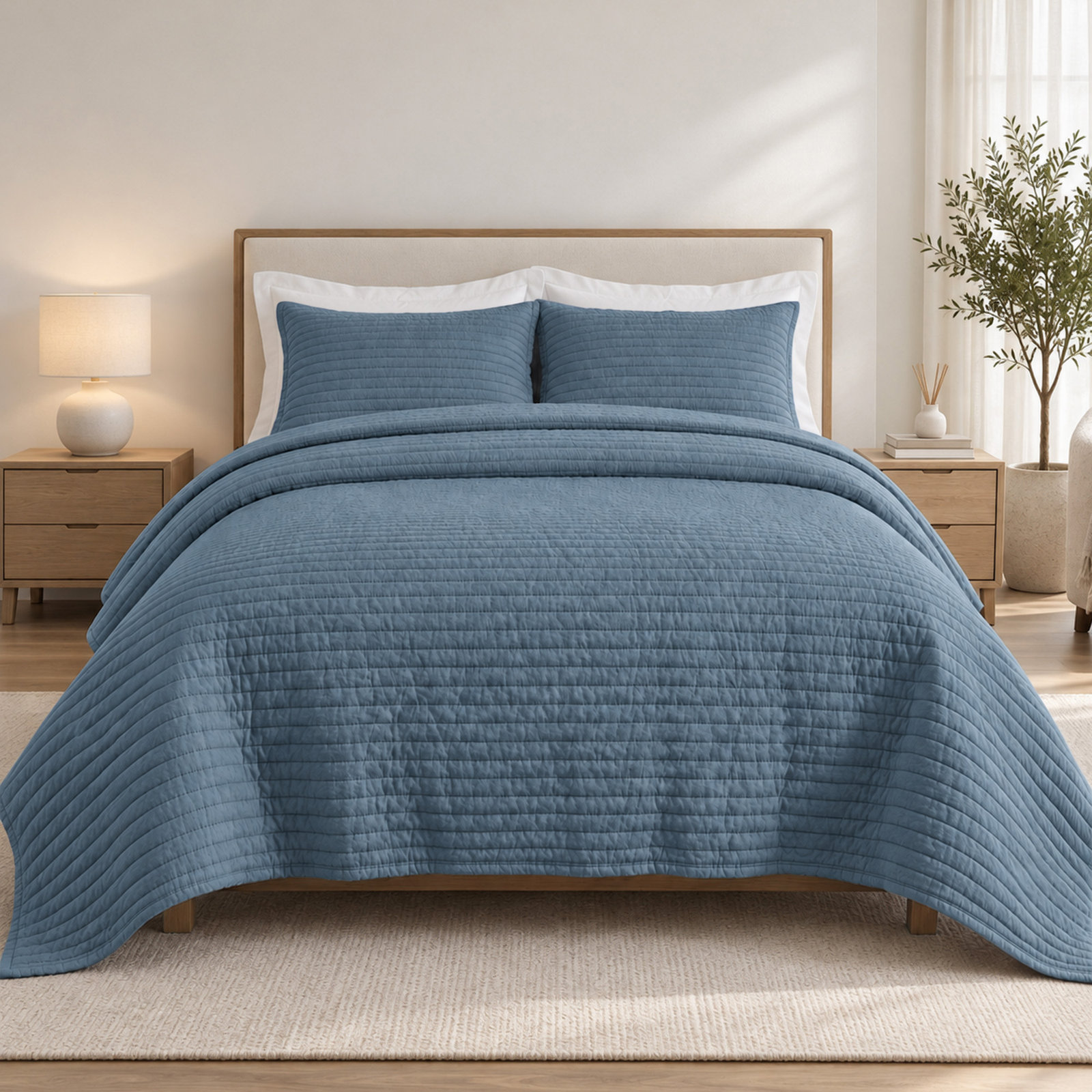 Clara 100% French Linen Channel Quilt Set with Shams, King Quilt + 2 King Shams, Navy