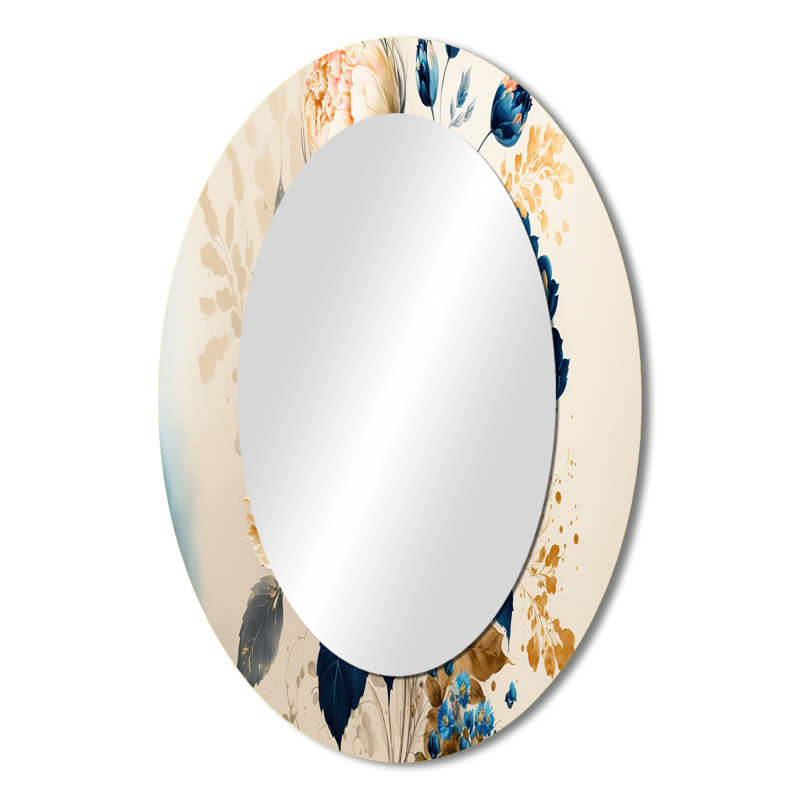 Bouquet floral bleu et doré II - grand miroir mural ovale sur métal, 36 po x 24 po