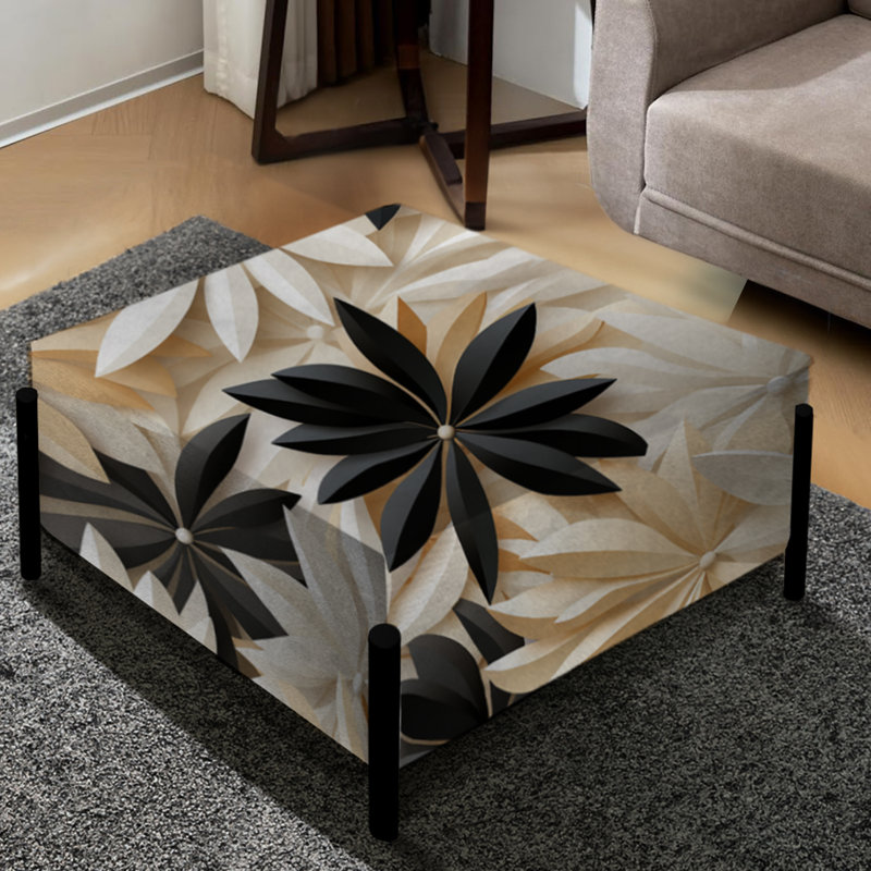 Fleurs blanches et noires minimalistes Serenity - Grand repose-pieds carré Cottage