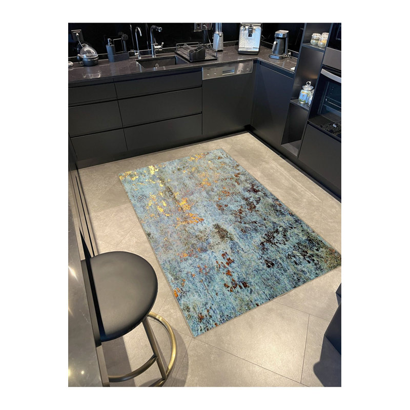 Tapis bleu délavé à motif abstrait et créatif, Carré 3 pi 3 po