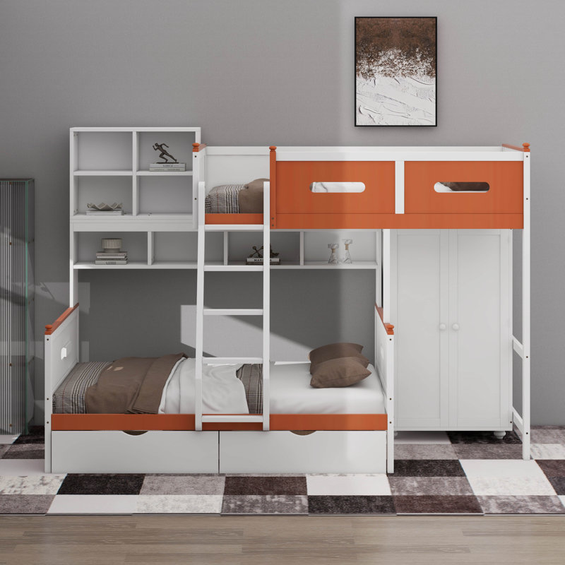 Twin Over Full Bunk Bed, Wooden Bunk Bed Frame With Ladder, Wardrobe, Drawers, Shelves And LED Lights