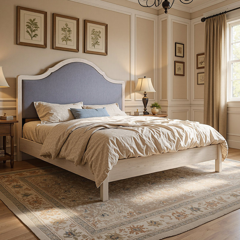 Solid Wood Bed Frame with Upholstered Headboard, Modern Design, No Box Spring Needed, White, Queen