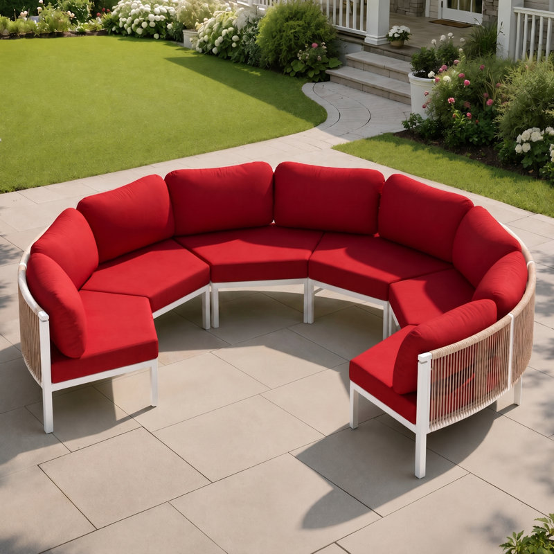  6 - Person Aluminum Patio Conversation Furniture Set with Table, Chili Cushion/Black Frame