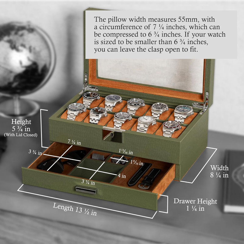 10-Slot Watch Box in Leather with Valet Drawer, Luxury Watch Case Display Organizer with Ultra Soft Microsuede Liner