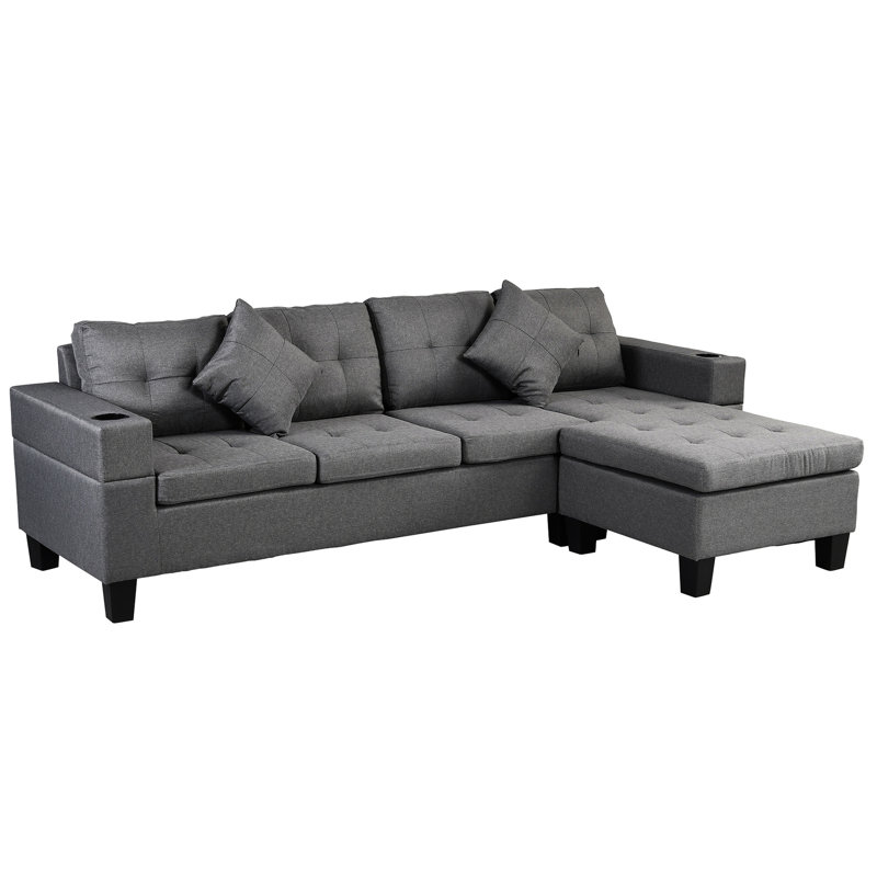 Canapé modulaire en lin gris avec méridienne droite ou gauche et porte-gobelet pour salon