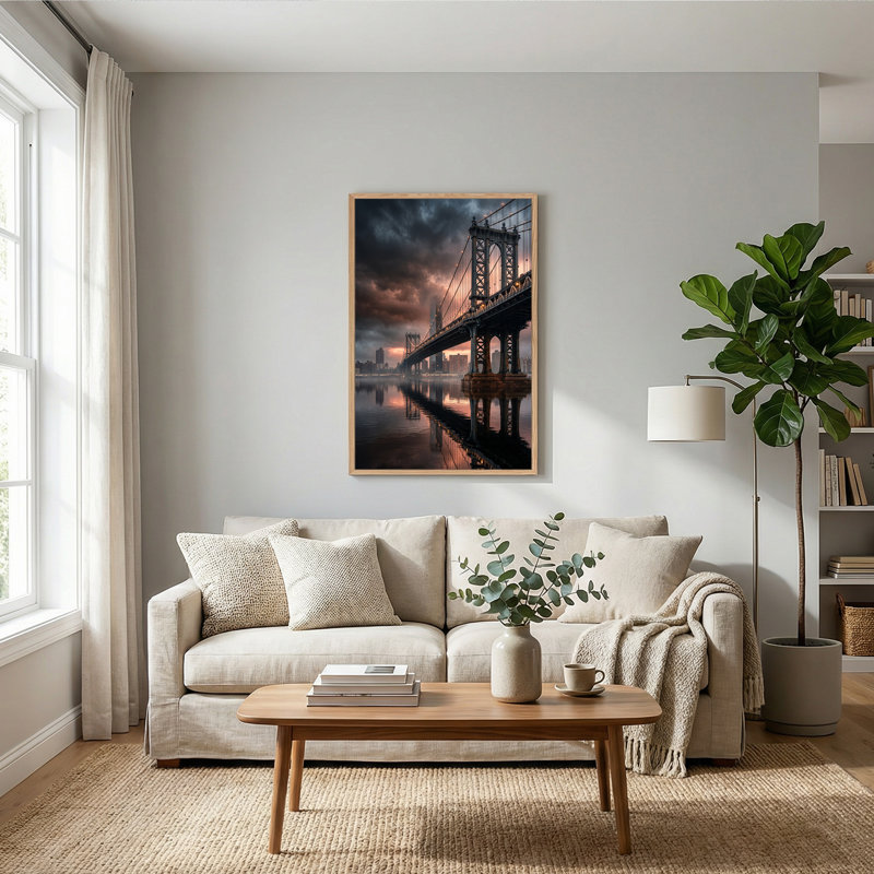 «Suspension Bridge Over Water with City Skyline», art mural, H 36 po x l 24 po