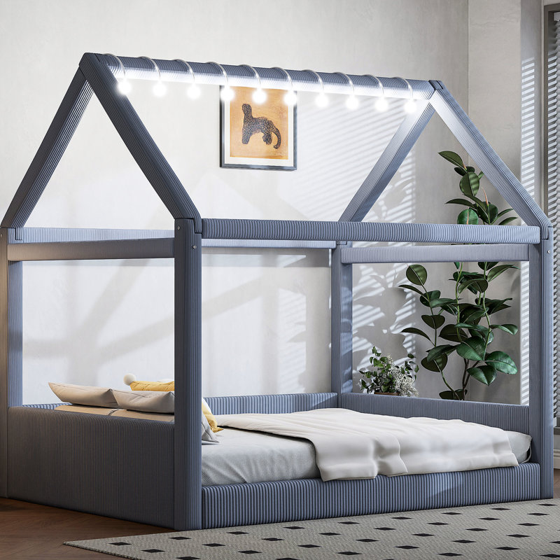 Full Size Upholstered House Daybed Of Grey With Led Strips, Adorable Design, Reliable Solid Wood Build, Touch - Controlled Led, Cozy Vertical Striped Corduroy Fabric Having Whimsical Shape, Stable