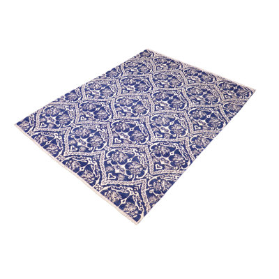Tapis bleu / blanc en laine et en soie noué à la main Parhm