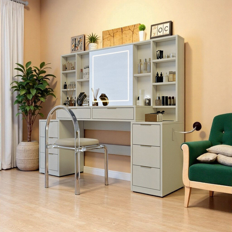Coiffeuse de 59 pouces avec miroir à DEL, coiffeuse à 8 tiroirs avec éclairage réglable