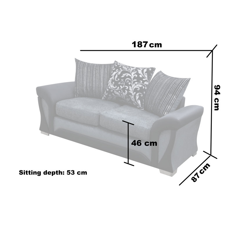 Shannon 3 Seater Sofa, Black/Grey, 94" H x 187" W x 87" D