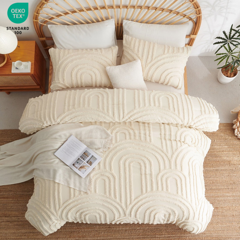 Nayoroom 2/3 Pieces Geometric Arch Pattern Tufted Microfiber Comforter Set Beige Farmhouse Embroidery Luxury Soft Bedding Set For All Seasons
