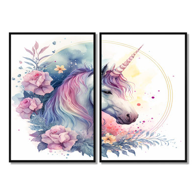 Mignon licorne pastel entourée de fleurs III - crème, art mural moderne